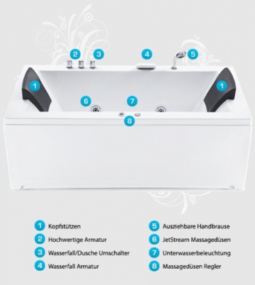 Whirlpool Eck Badewanne Nizza rechts oder links mit 6 Massage Düsen + LED Beleuchtung / Licht Sprudelbad Hot Tub Eckwanne innen super günstig - 3